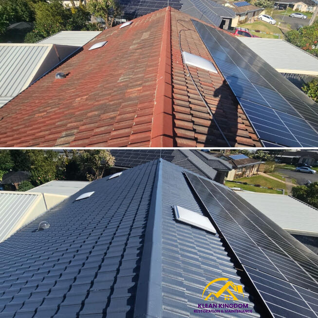 Concrete roof repairs and full restoration in Hebersham, Sydney — in Ironside colour using high build primer and Dulux AcraTex roof membrane coating for a lasting, durable finish Before and after concrete roof restoration and repairs in Hebersham, Sydney, using Dulux AcraTex with high build primer