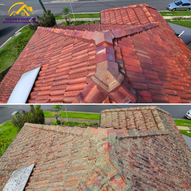 Terracotta Roof Clean Ryde Sydney | Klean Kingdom Restoration & Maintenance Before and after terracotta roof clean in Ryde, Sydney — lichen, moss and mould cleaned by Klean Kingdom