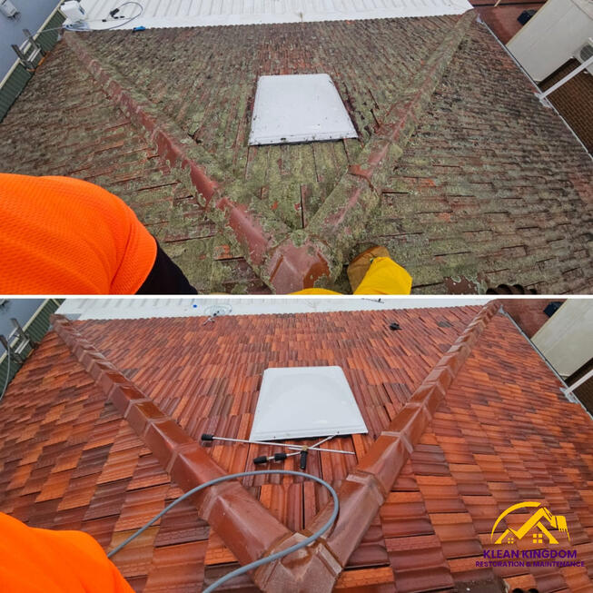 Before and after terracotta roof clean inLidcombe, Sydney — lichen, moss and mould removed by Klean Kingdom