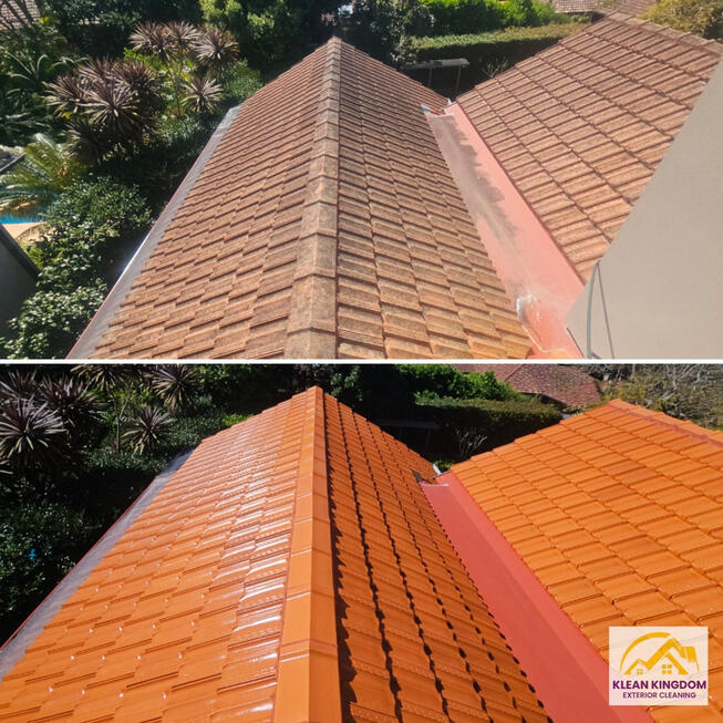 Terracotta Roof Clean Linfield Sydney | Klean Kingdom Restoration & Maintenance Before and after terracotta roof clean in Lindfield, Sydney — lichen, moss and mould cleaned by Klean Kingdom