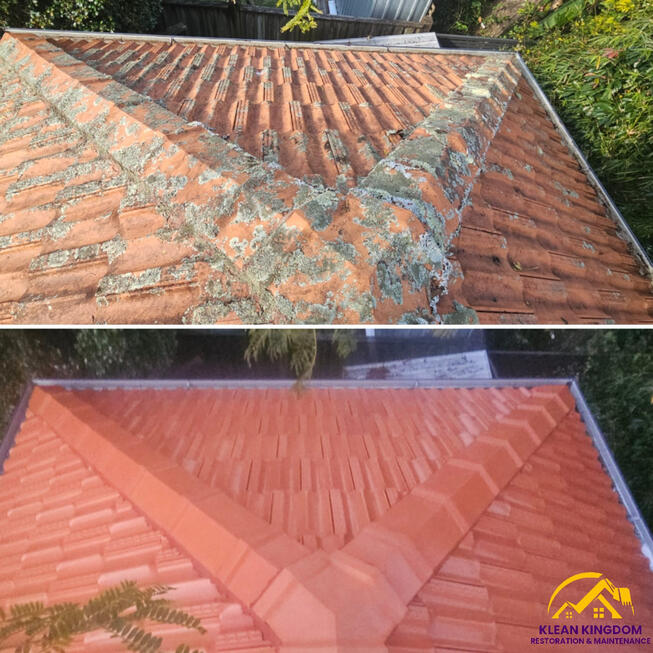 Before and after terracotta roof clean and glaze in East Lindfield, Sydney, removing lichen and moss buildup