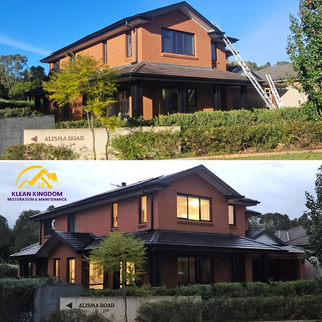 Before and after concrete tile roof restoration on a two storey home in Mount Annan, Sydney, coated with Dulux AcraTex by Klean Kingdom
