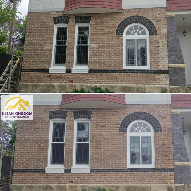 Before and after: heritage brick facade cleaning, Hunters Hill Heritage brick facade cleaning Hunters Hill Sydney — before and after cleaning of repointed mortar and tuckpointed brickwork
