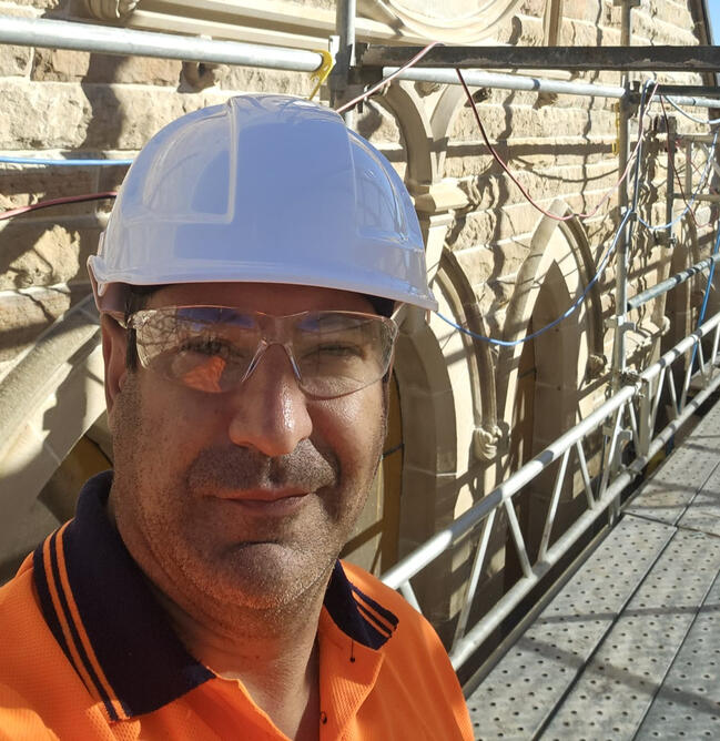 Heritage sandstone church restoration, scaffolding access — Raglan Street Uniting Church, Waterloo