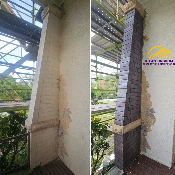 Before and after heritage paint stripping, dark brick pillar, Hunters Hill