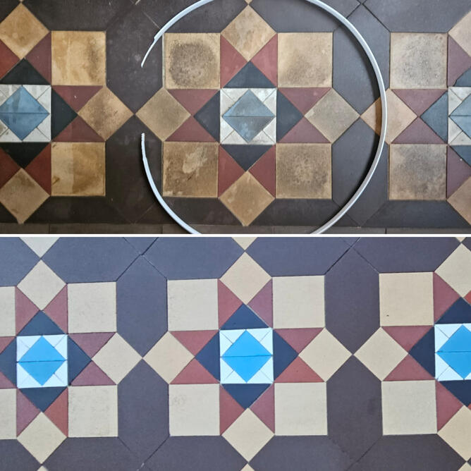Before and after: heritage tessellated tile repair and sealing, Eastwood Sydney