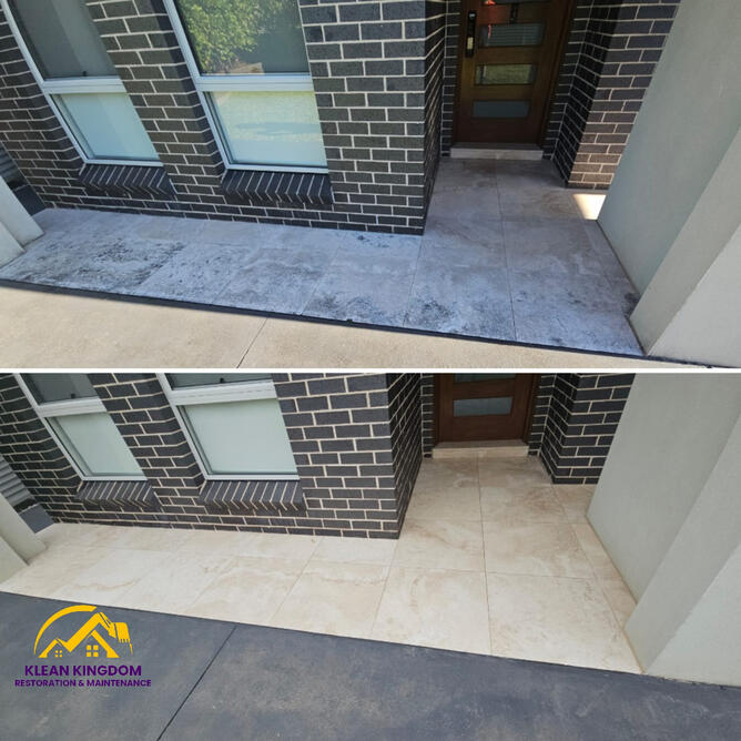 Travertine entryway before and stunning after cleaning and sealing in Pymble, Sydney — restored rather than replaced, by Klean Kingdom
