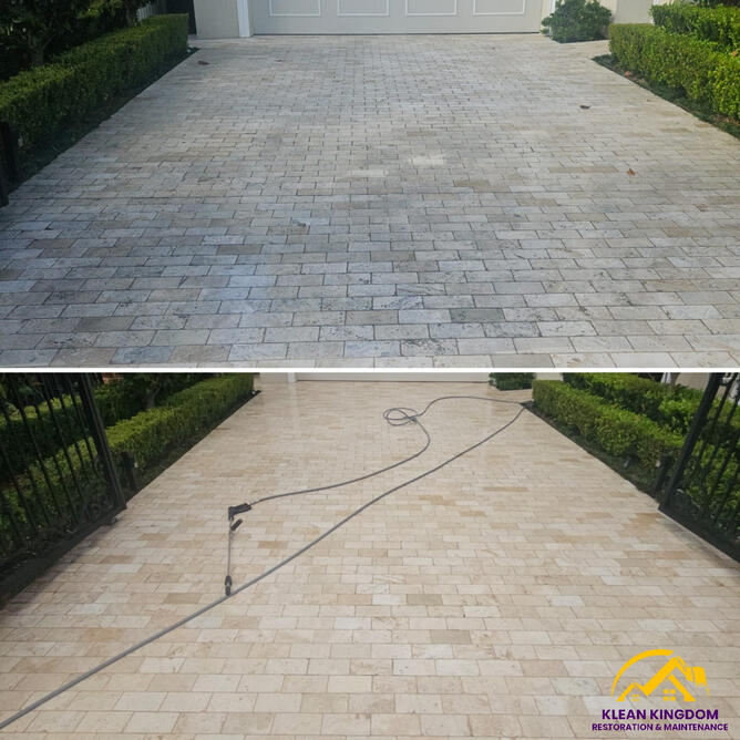 Before and after travertine driveway cleaning in Roselands, Sydney — dramatic uplift restoring the paver's natural luxury finish, by Klean Kingdom
