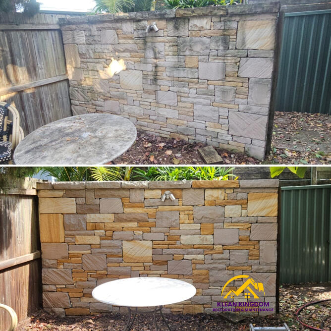 Sandstone feature wall in Marrickville, before and after cleaning and sealing — mould and grime lifted to reveal warm honey and grey tones, protected long-term by Klean Kingdom