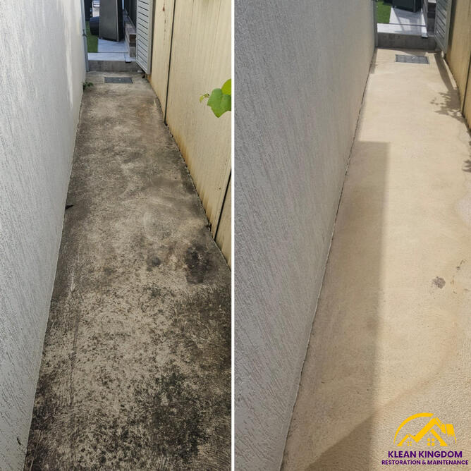 Before and after side pathway cleaning in Merrylands, Sydney — black mould and dirt removed, original concrete surface restored by Klean Kingdom