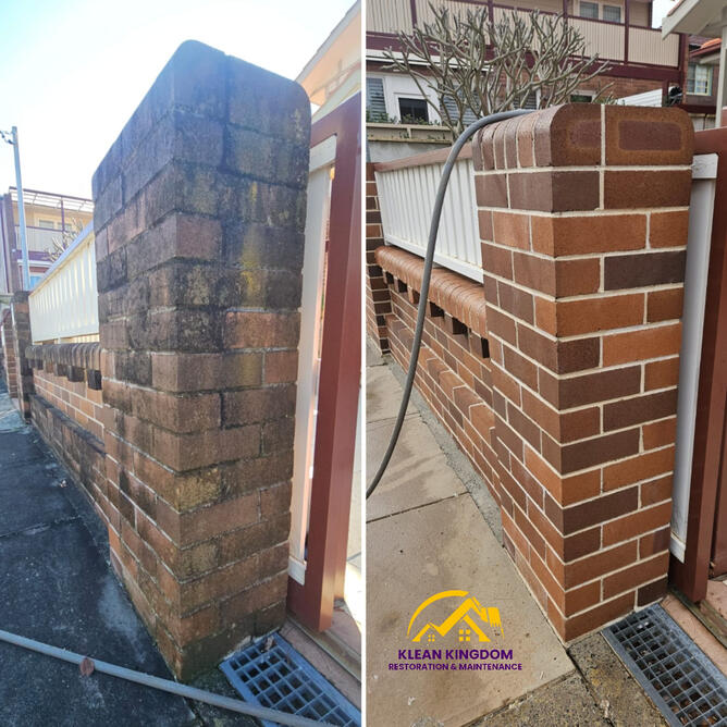 Incredible before and after brick fence and pillar cleaning in Five Dock, Sydney — mould, moss and dirt build-up removed by Klean Kingdom