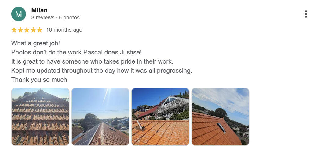 "Kept me updated throughout the day how it was all progressing" — Milan, 5★ review, roof restoration 5-star Google review: terracotta roof restoration — Klean Kingdom, Sydney